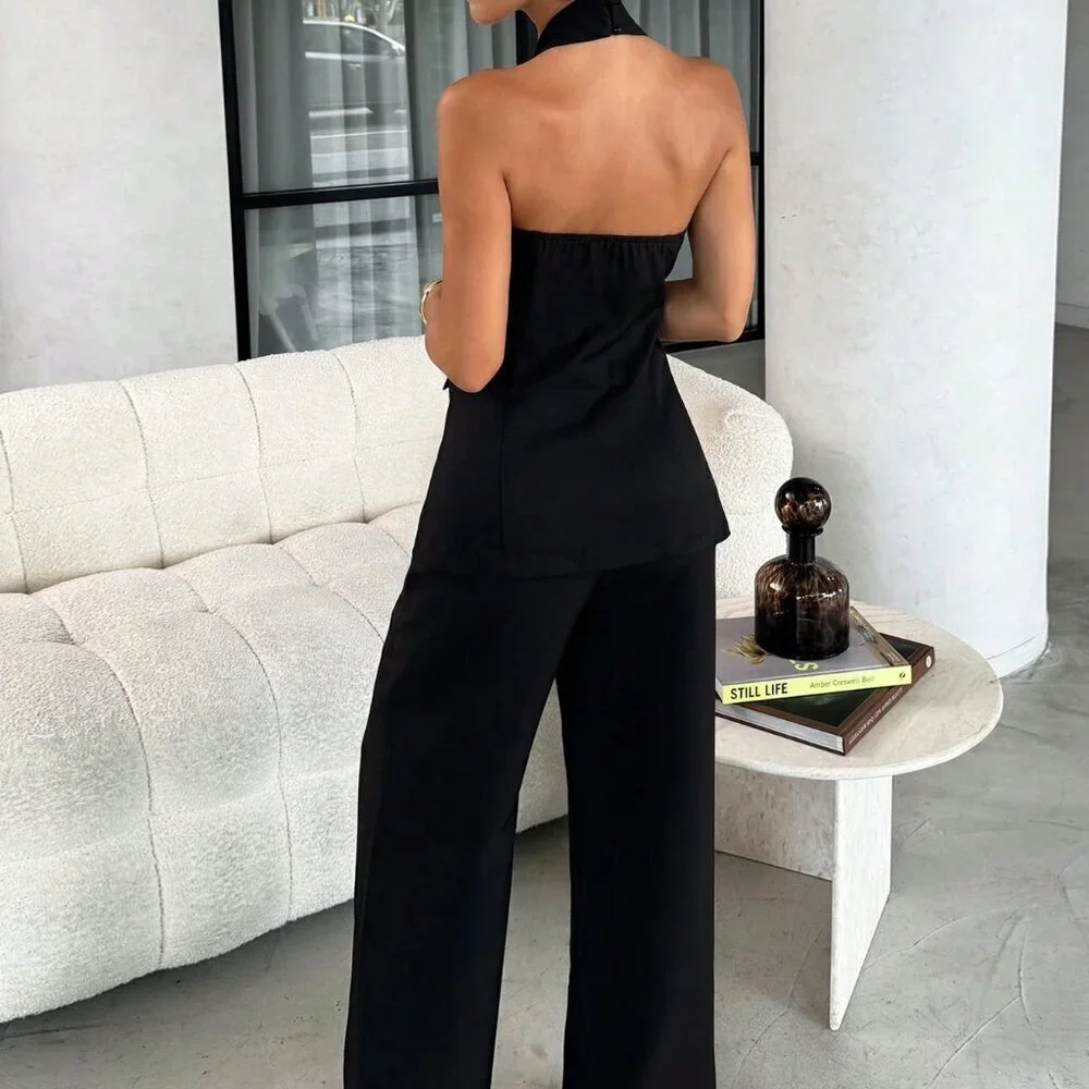 Black Casual Chic Women's Two Piece Top and Pants Office Set